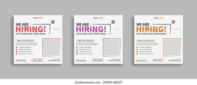 We are hiring job vacancy social media post banner design template with red color. We are hiring social media banner and square web banner design, Job positions for job vacancy design.