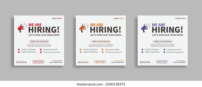 We are hiring job vacancy social media post banner design template with red color. We are hiring social media banner and square web banner design, Job positions for job vacancy design.