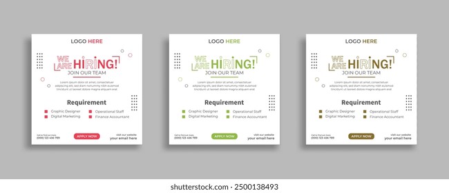 We are hiring job vacancy social media post banner design template with red color. We are hiring social media banner and square web banner design, Job positions for job vacancy design.