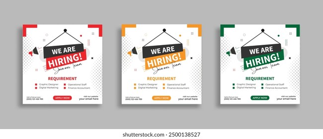 We are hiring job vacancy social media post banner design template with red color. We are hiring social media banner and square web banner design, Job positions for job vacancy design.