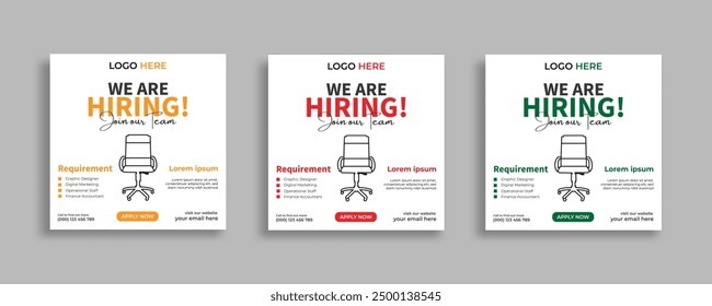 We are hiring job vacancy social media post banner design template with red color. We are hiring social media banner and square web banner design, Job positions for job vacancy design.