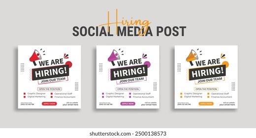 Estamos contratando la vacante de trabajo Plantilla de diseño de Anuncio de redes sociales con color rojo. Estamos contratando Anuncio de redes sociales y diseño de Anuncio de Web cuadrado, puestos de trabajo para el diseño de vacantes de empleo.