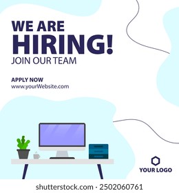 We are hiring job vacancy social media post. Employees needed. Join our team announcement. Illustration of a desk with a computer for work.
