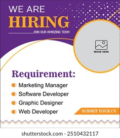 We are hiring job vacancy social media post banner design template with yellow color. We are hiring job vacancy square web banner design.
