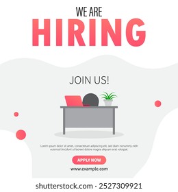 We are hiring job vacancy social media post. Employees needed. Join our team announcement. Illustration of a desk with a computer for work.