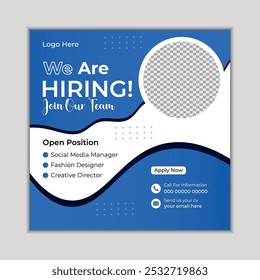 We are hiring job vacancy social media post banner design template with blue colour.