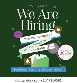 We are hiring job vacancy social media post banner with green background. Business concept of search and recruitment. Join our team announcement lettering in speech. Vector Illustration.