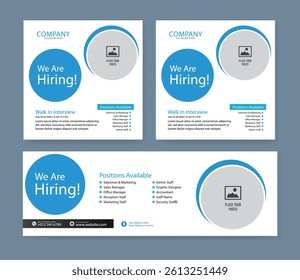 We are hiring job vacancy social media post banner design template with blue color. We are hiring job vacancy square web banner design.	