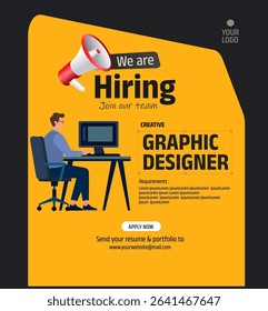 We are hiring job vacancy social media post vector banner with graphic designer flat illustration