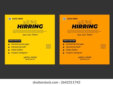 We are hiring job vacancy social media post banner design template with red color. We are hiring job vacancy square web banner design.