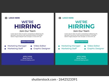 We are hiring job vacancy Social Media Post Or Instagram Promotional Social Media Square Banner And Square Flyer Template Design .