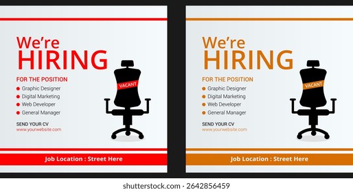 We are hiring job vacancy social media post banner design template with red color. We are hiring job vacancy square web banner design