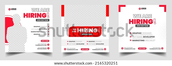 We are hiring job vacancy social media post\
banner design template with red color. We are hiring job vacancy\
square web banner design.