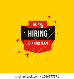 We are Hiring, Join now design for banner poster. Lettering with geometric shapes lines. Job Vacancy Advertisement Concept on yellow background. Open vacancy design template with modern concept.