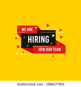 We are Hiring, Join now design for banner poster. Lettering with geometric shapes lines. Job Vacancy Advertisement Concept on yellow background. Open vacancy design template with modern concept.
