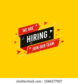 We are Hiring, Join now design for banner poster. Lettering with geometric shapes lines. Job Vacancy Advertisement Concept on yellow background. Open vacancy design template with modern concept.