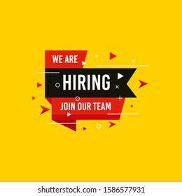 We are Hiring, Join now design for banner poster. Lettering with geometric shapes lines. Job Vacancy Advertisement Concept on yellow background. Open vacancy design template with modern concept.