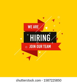 We are Hiring, Join now design for banner poster. Lettering with geometric shapes lines. Job Vacancy Advertisement Concept on yellow background. Open vacancy design template with modern concept.