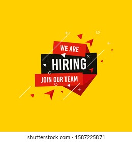 We are Hiring, Join now design for banner poster. Lettering with geometric shapes lines. Job Vacancy Advertisement Concept on yellow background. Open vacancy design template with modern concept.