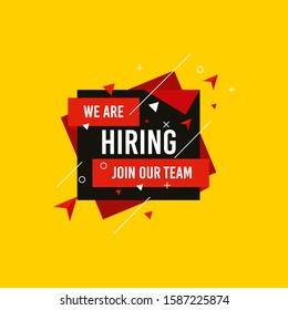 We are Hiring, Join now design for banner poster. Lettering with geometric shapes lines. Job Vacancy Advertisement Concept on yellow background. Open vacancy design template with modern concept.