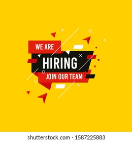 We are Hiring, Join now design for banner poster. Lettering with geometric shapes lines. Job Vacancy Advertisement Concept on yellow background. Open vacancy design template with modern concept.