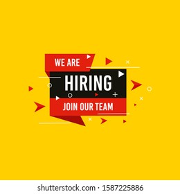 We are Hiring, Join now design for banner poster. Lettering with geometric shapes lines. Job Vacancy Advertisement Concept on yellow background. Open vacancy design template with modern concept.