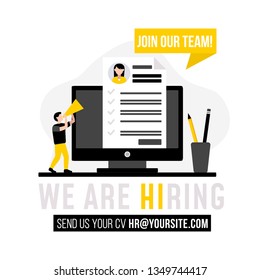 We are hiring. Join our team advertisement poster design with black, yellow and white colors. Flat recruitment vector design template. We are hiring banner layout design.