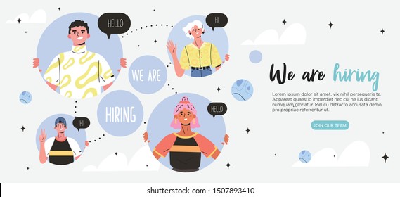 We are hiring or join our team trendy banner concept with happy smiling colleagues, coworkers or young specialists. Job recruitment or headhunting agency banner, poster, flyer or landing page.