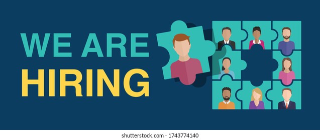 We are hiring (Join our team) concept. People avatars (profile image) - in puzzle form with empty puzzle element inside - motivation of formation of a working team - recruitment hiring banner