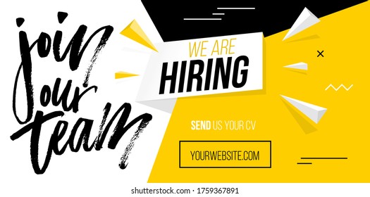 We are hiring, join our team banner template flat vector illustration. Yellow and black website design for finding job and sending cv resume. Headhunting agency, employment concept