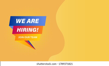 We are hiring and join our team on creative square speech bubble. Layout desing of recruitment or job vacancy advertisement for poster, web banner, landing page, template. Eps 10 vector illustration.