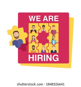 We are hiring (Join our team) concept. People images in puzzle form with empty puzzle element inside - motivation of formation of a working team - recruitment hiring banner