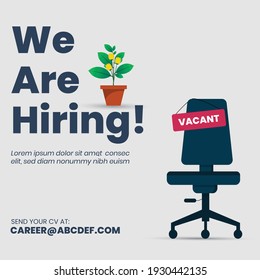 we are hiring join our team announcement banner for facebook post, vacant sign on empty office chair. We're Hiring with empty office ready to be occupied by employee. Business recruiting concept.