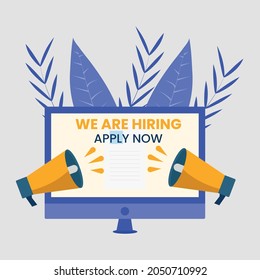 we are hiring Join our team banners. We are hiring communication poster, help wanted advertising banner with speaker and vacant badge. recruiting hire, vacancy job offer isolated vector