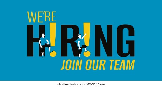 Estamos contratando, unamos nuestro mensaje de anuncio de equipo. Empresario y signo de exclamación con texto negro sobre fondo azul. Encuentra cita laboral, eslogan. Ilustración del vector