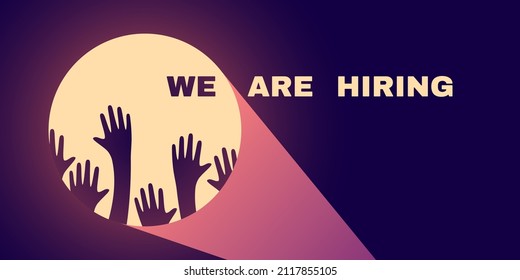 We are hiring, join our team. Many hands up illustration