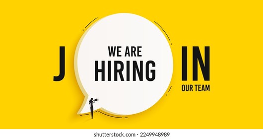 We are hiring, join our team banner. Recruitment job bakcground with business woman holding megaphone. Symbol of emancipation and feminism voice. Hire job announcement. Vector illustration