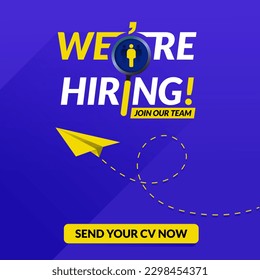 We are hiring, join our team. Job vacancy concept with magnifier for searching good candidate.
