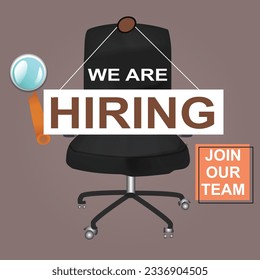 we are hiring join our team announcement banner for facebook post, vacant sign on empty office chair. We're Hiring with empty office ready to be occupied by employee. Business recruiting concept.
