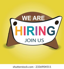 we are hiring join our team announcement banner for facebook post, vacant sign on empty office chair. We're Hiring with empty office ready to be occupied by employee. Business recruiting concept.

