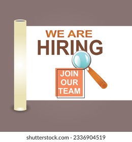 we are hiring join our team announcement banner for facebook post, vacant sign on empty office chair. We're Hiring with empty office ready to be occupied by employee. Business recruiting concept.
