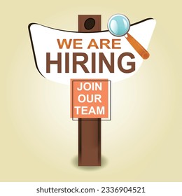 we are hiring join our team announcement banner for facebook post, vacant sign on empty office chair. We're Hiring with empty office ready to be occupied by employee. Business recruiting concept.
