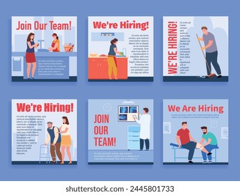 We are hiring join our team search personnel social media post design template set vector illustration. Recruitment career opportunity vacancy candidate staff medical housekeeper seller elderly nurse