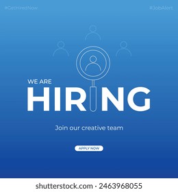 We are hiring and join our team social media post design. Hiring recruitment open vacancy. Hiring employee flyer template vector illustration