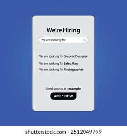 We are hiring join our team announcement banner design. Hiring recruitment open vacancy design. Creative open hiring poster. Hiring social media post