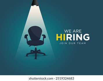 We are hiring. Join our team announcement. Hiring recruitment concept light on a office chair.