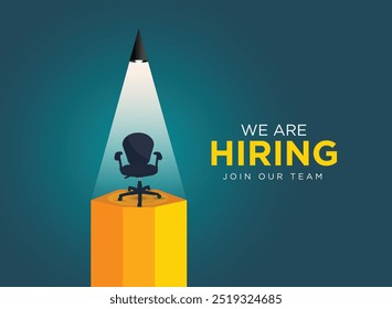 We are hiring. Join our team announcement. Hiring recruitment concept light on a office chair.