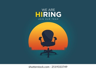 We are hiring. Join our team announcement. Hiring recruitment concept light on a office chair.