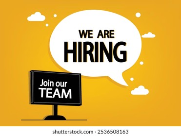  We Are Hiring! Join Our Team - Vibrant Job Vacancy Vector Illustration with Sign Board on Yellow Background for Posters, Social Media, and Marketing
