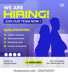 We Are Hiring, join our team now, blue background with contact, website, and apply button